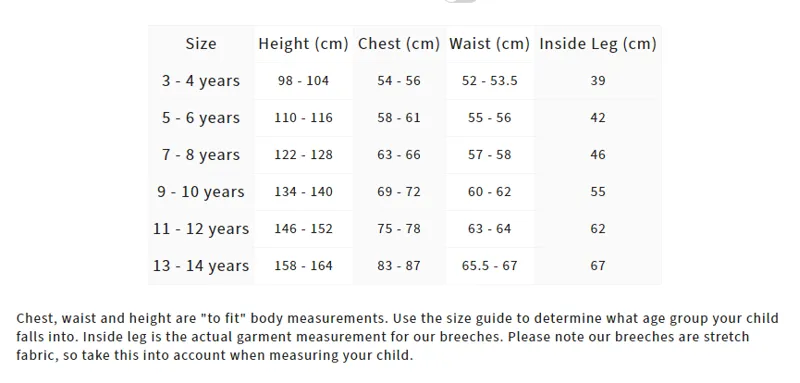 LeMieux  kids size chart